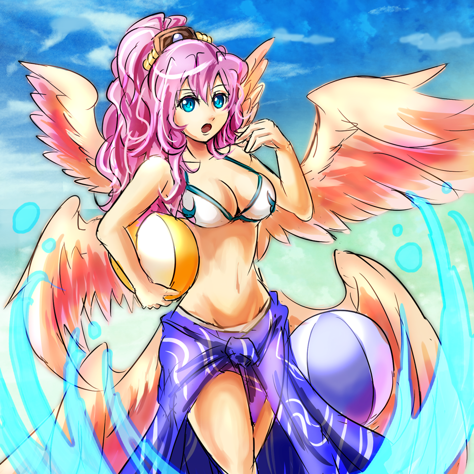 1girl :o angel_wings archangel_metatron_(p&amp;d) ball beach beachball bikini blue_eyes blue_sky breasts cleavage clouds feathered_wings holding large_breasts long_hair low_wings midriff mound_of_venus multiple_wings navel open_mouth outdoors pink_hair ponytail puzzle_&amp;_dragons sarong sky solo swimsuit towel water wavy_hair white_bikini white_swimsuit wings yuki-obake