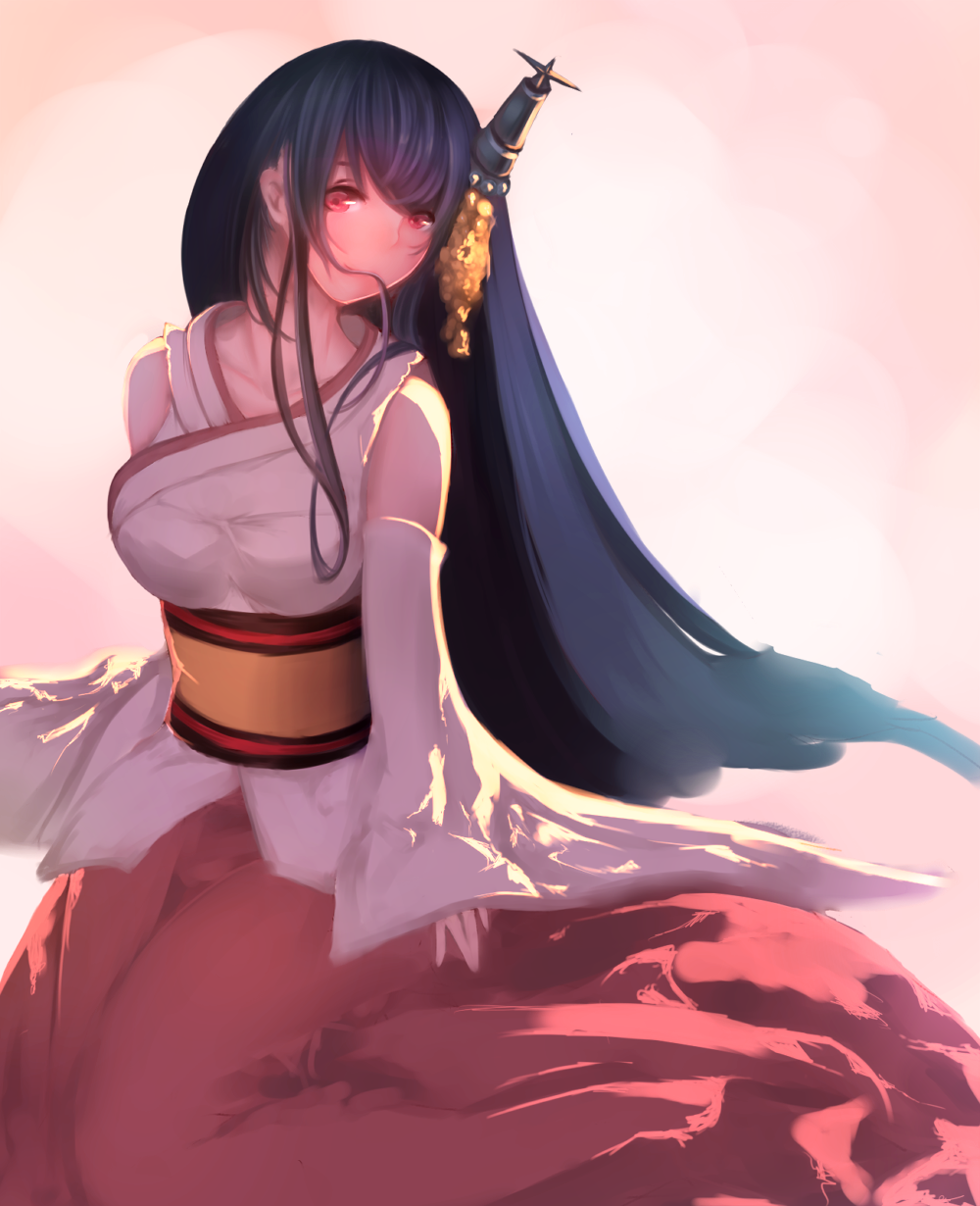 1girl black_hair breasts detached_sleeves fusou_(kantai_collection) hair_in_mouth headgear highres japanese_clothes kantai_collection long_hair mouth_hold red_eyes ryu_(leon_esoragotonooto) solo very_long_hair