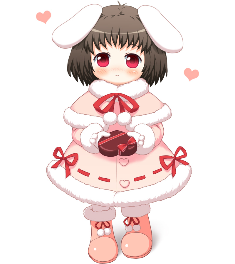 1girl alternate_costume animal_ears bebeneko black_hair blush boots box carrot_necklace coat gift gift_box giving heart inaba_tewi mittens rabbit_ears red_eyes short_hair solo touhou winter_clothes