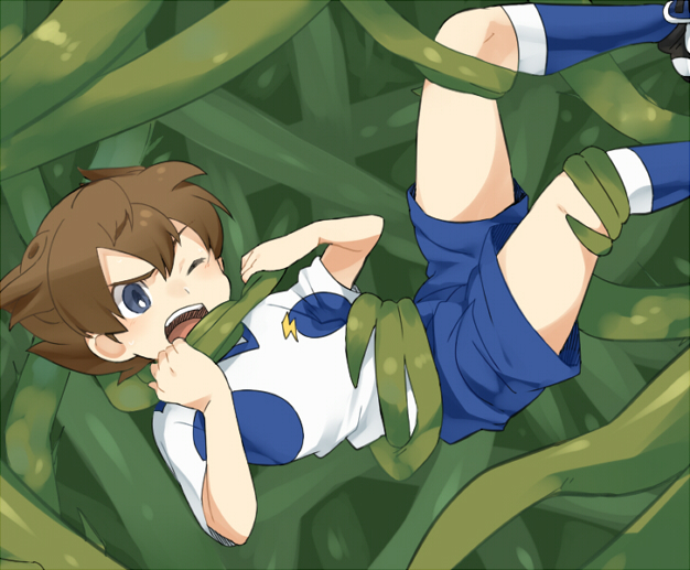 1boy brown_hair bust earth_eleven inazuma_eleven_(series) inazuma_eleven_go inazuma_eleven_go_galaxy lightning_bolt male matsukaze_tenma open_mouth petagon short_hair soccer_uniform solo sportswear tentacles vines wince