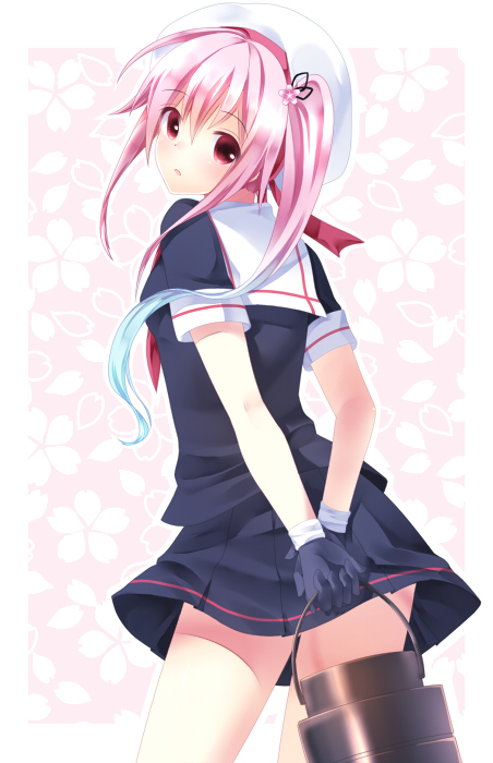 1girl arms_behind_back black_gloves black_skirt flower from_behind gloves gradient_hair hair_flower hair_ornament hairclip harusame_(kantai_collection) hat iwashi-san kantai_collection looking_at_viewer looking_back multicolored_hair neckerchief pink_eyes pink_hair pleated_skirt sailor_collar sailor_hat school_uniform serafuku side_ponytail skirt solo