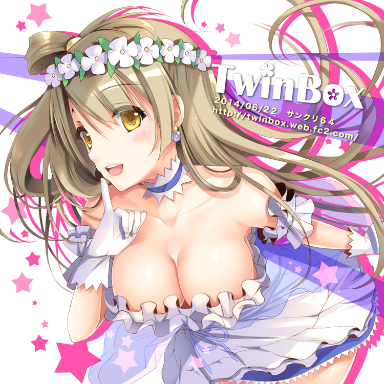 blush breasts brown_hair choker cleavage collarbone dated dress earrings finger_to_mouth gloves head_wreath jewelry long_hair love_live!_school_idol_project minami_kotori sousouman star watermark web_address white_gloves yellow_eyes yume_no_tobira