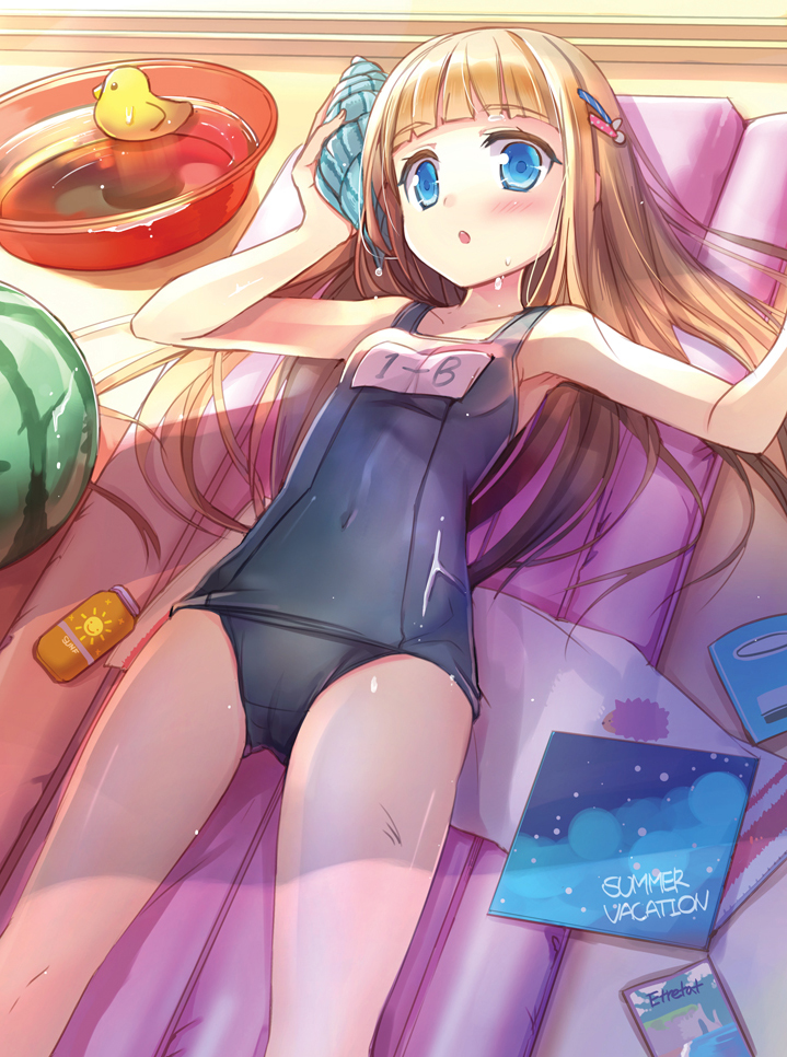 1girl :o arm_up armpits bangs blue_eyes blue_swimsuit blunt_bangs blush brown_hair conch covered_navel food from_above fruit hair_ornament hairclip holding inflatable_raft jin_young-in long_hair looking_at_viewer lotion lying name_tag on_back one-piece_swimsuit original rubber_duck school_swimsuit seashell shade shell small_breasts solo sunscreen swimsuit towel washbowl watermelon wet