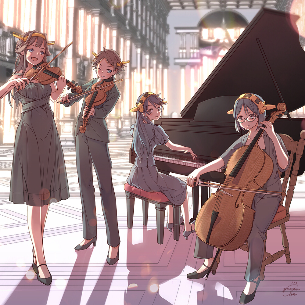 4girls bangs bare_shoulders black_eyes black_hair blue_eyes brown_hair cello chair colonnade concert dress elska0813 formal glasses grand_piano hairband haruna_(kantai_collection) hiei_(kantai_collection) high_heels indoors instrument jacket kantai_collection kirishima_(kantai_collection) kongou_(kantai_collection) lens_flare light_smile long_hair long_sleeves looking_back multiple_girls one_eye_closed open_mouth pant_suit pants piano playing_instrument puffy_short_sleeves puffy_sleeves semi-rimless_glasses shadow short_hair short_sleeves signature sitting smile standing stool strapless_dress suit sunlight violin