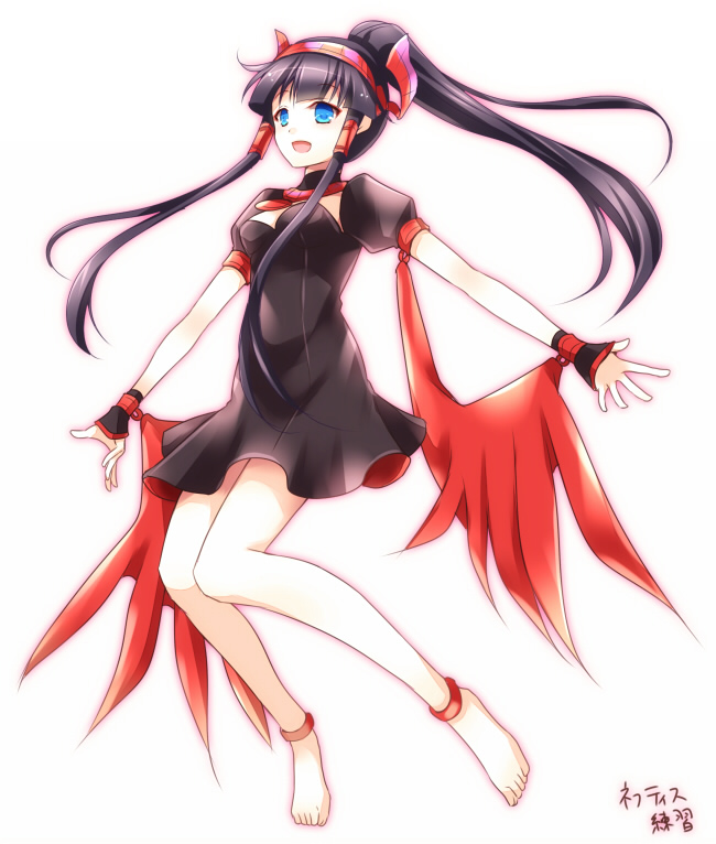 1girl :d anklet bare_legs black_dress black_hair blue_eyes chisa dress hair_tubes hairband high_ponytail jewelry long_hair necklace nephthys_(p&amp;d) open_mouth payot ponytail puffy_short_sleeves puffy_sleeves puzzle_&amp;_dragons short_dress short_sleeves simple_background smile solo white_background