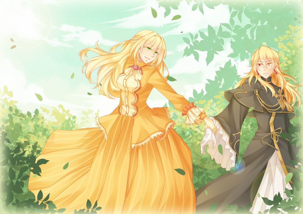 1boy 1girl ada_vessalius blonde_hair bow bush capelet dress earrings formal gloves green_eyes hair_ribbon heterochromia holding_hands jewelry leaf long_hair open_mouth pandora_hearts red_eyes ribbon smile tree vincent_nightray yellow_eyes