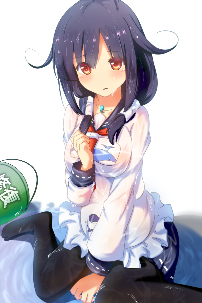 1girl between_thighs black_hair blush brown_eyes bucket cuon_(kuon) highres kantai_collection see-through sitting skirt solo taigei_(kantai_collection) wariza wet wet_clothes whale