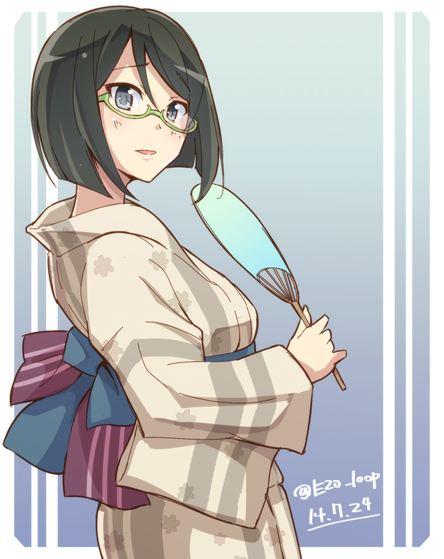 1girl black_hair blue_eyes e20 fan glasses japanese_clothes kantai_collection kimono kirishima_(kantai_collection) looking_at_viewer open_mouth short_hair solo yukata