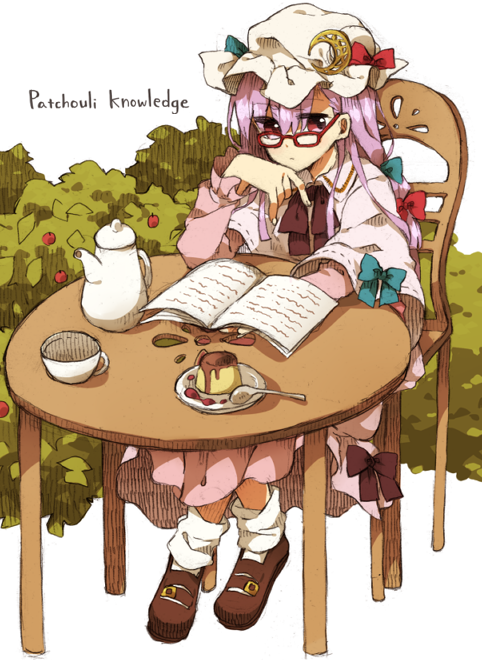 1girl bespectacled book bow capelet chair character_name crescent cup dress food full_body glasses hair_bow hair_ornament hat hat_bow henki_(orange) long_hair long_sleeves looking_at_viewer mob_cap open_book patchouli_knowledge purple_dress purple_hair shoes simple_background sitting socks solo spoon table teacup touhou violet_eyes white_background white_legwear