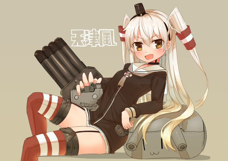 &gt;:d 1girl :3 :d aiming_at_viewer amatsukaze_(kantai_collection) brown_eyes character_name choker elbow_rest fang garter_straps headgear ico_(green_bullet) kantai_collection leaning_back long_hair long_sleeves looking_at_viewer neckerchief o_o open_mouth pillow red_legwear rensouhou-chan rensouhou-kun sailor_collar sailor_dress silver_hair smile striped striped_legwear thigh-highs two_side_up |_|