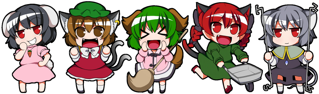 &gt;_&lt; 5girls :d animal_ears black_hair braid broom brown_eyes brown_hair bunny_tail carrot carrot_necklace cart cat_ears cat_tail chen chibi closed_eyes dog_ears dog_tail dowsing_rod eichi_yuu fang grey_hair grin holding inaba_tewi jewelry kaenbyou_rin kasodani_kyouko long_hair looking_at_viewer mouse_ears mouse_tail multiple_girls multiple_tails nazrin open_mouth pendant pointy_ears rabbit_ears red_eyes redhead short_hair smile smirk standing tail touhou twin_braids twintails xd