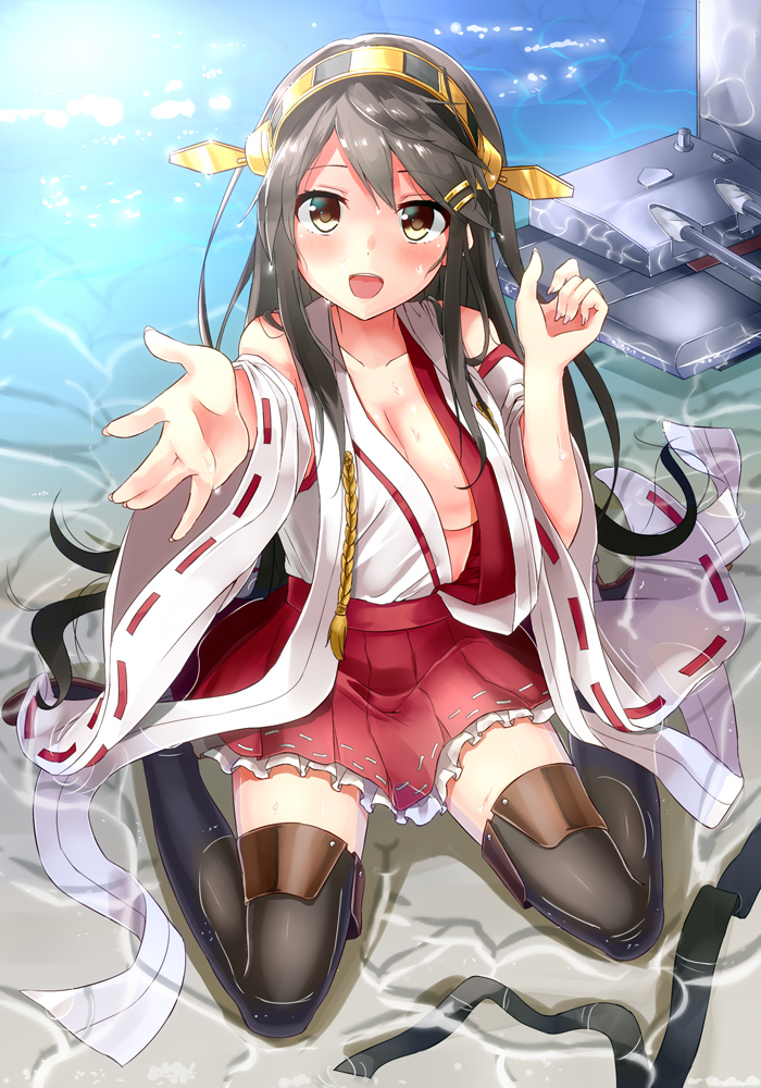 1girl black_hair boots brown_eyes detached_sleeves hairband haruna_(kantai_collection) japanese_clothes kantai_collection long_hair looking_at_viewer machinery nontraditional_miko open_clothes open_mouth open_shirt outstretched_hand ribbon-trimmed_sleeves ribbon_trim sitting solo thigh-highs thigh_boots turret warirui wariza wide_sleeves