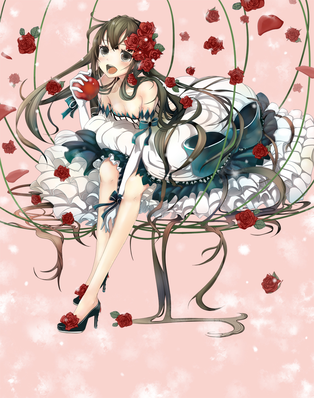 1girl :d apple bent_over breasts brown_eyes brown_hair cleavage elbow_gloves flower flower_on_head food frilled_skirt frills fruit gloves hair_ornament highres holding leaning_forward long_hair looking_at_viewer no_socks open_mouth original rose simple_background sitting skirt smile solo soramu tagme white_gloves