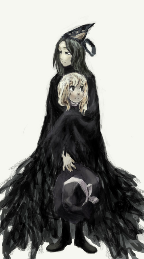 2girls age_difference black_dress blonde_hair cloak d-nobi dress frown green_hair hat hat_removed headwear_removed kirisame_marisa long_hair mima multiple_girls serious short_hair simple_background touhou touhou_(pc-98) witch_hat wizard_hat younger