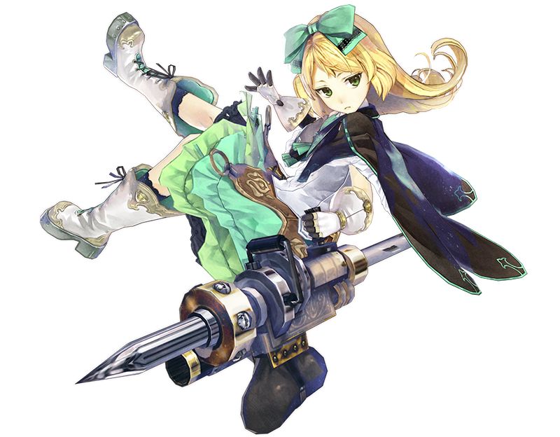 1girl atelier_(series) atelier_shallie blonde_hair boots bow capelet expressionless flipped_hair gloves green_eyes green_skirt hair_bow hidari_(left_side) knee_boots long_hair miruca_crotze official_art pile_bunker skirt solo white_background