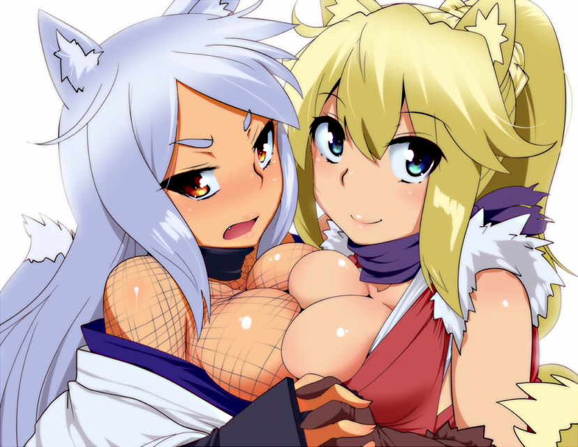 2girls animal_ears blonde_hair blue_eyes breast_press breasts breasts_outside fang fishnets gloves holding_hands hyudora long_hair looking_at_viewer multiple_girls open_clothes open_mouth original ponytail smile symmetrical_docking tail white_background