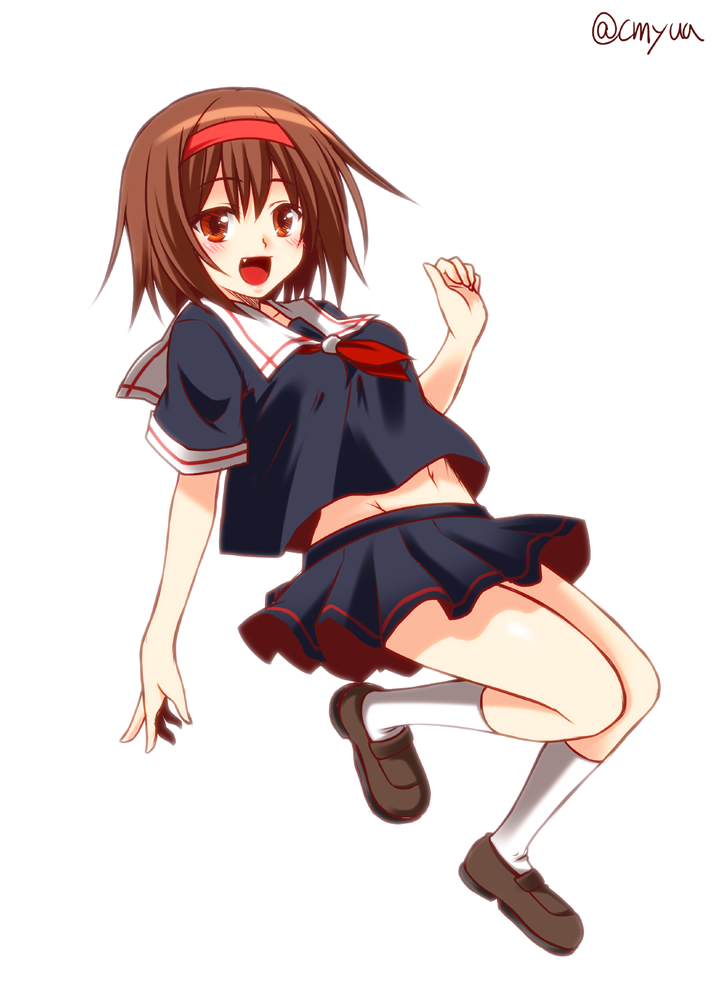 1girl :d brown_eyes brown_hair fang hairband kantai_collection kneehighs midriff navel open_mouth pleated_skirt school_uniform serafuku shiratsuyu_(kantai_collection) shoes short_hair sketch skirt smile solo thigh-highs twitter_username yua_(checkmate)