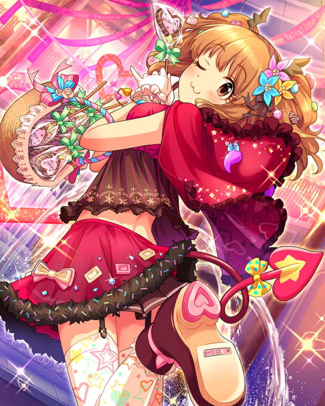 1girl ;3 basket blonde_hair blush bow brown_eyes demon_tail dress flower gloves hair_ornament heart idolmaster idolmaster_cinderella_girls jpeg_artifacts looking_at_viewer looking_back moroboshi_kirari one_eye_closed skirt smile solo sparkle sun_(symbol) sweets tail thigh-highs twintails zettai_ryouiki