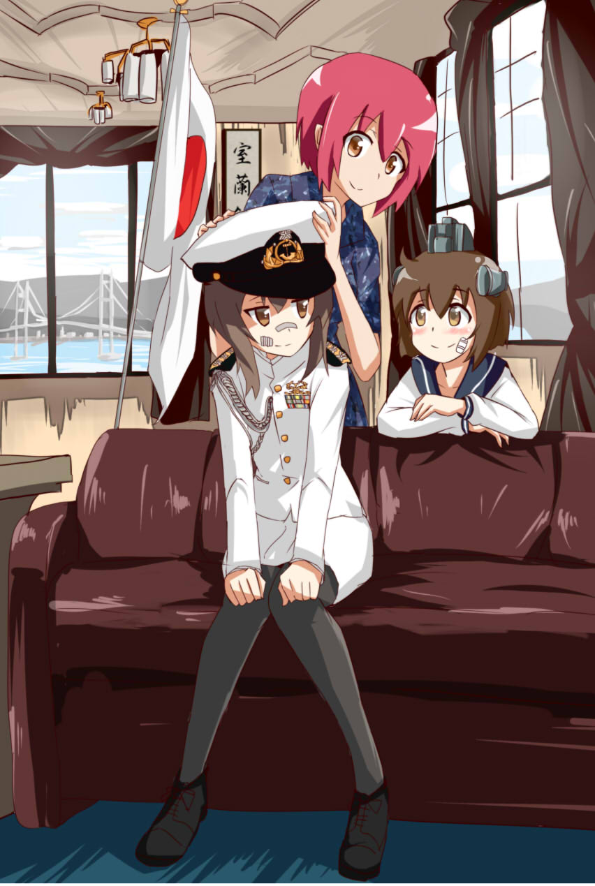 3girls admiral_(kantai_collection)_(cosplay) aiguillette bandage_on_face bandage_on_nose bandages black_legwear blush brown_eyes brown_hair couch digital_camouflage female_admiral_(kantai_collection) hands_on_knees hat headgear highres japan_maritime_self-defense_force japanese_flag kantai_collection knees_together_feet_apart military military_uniform multiple_girls naval_uniform oshiru_(sealeu) pantyhose peaked_cap pink_hair sailor_collar sailor_dress short_hair smile taihou_(kantai_collection) uniform yukikaze_(kantai_collection)