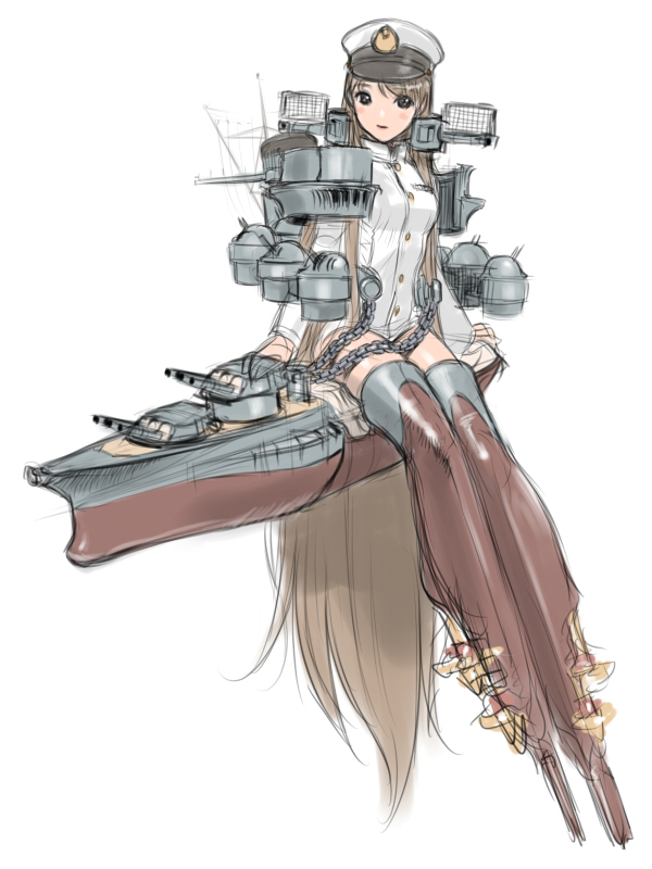 1girl battleship brown_hair hat imperial_japanese_navy long_hair mecha_musume military original personification revision sailor sano_toshihide solo thigh-highs very_long_hair world_war_ii yamato