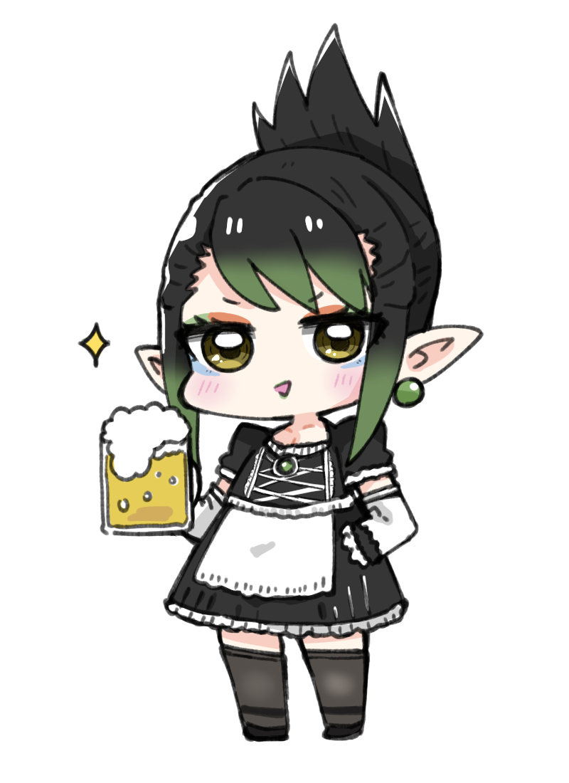 1boy alcohol bangs beer beer_mug black_dress black_footwear black_hair black_legwear blush brown_eyes commentary_request cup dress earrings elbow_gloves eyebrows_visible_through_hair foam folded_ponytail full_body gloves gradient_hair green_hair hanabatake_chaika hand_on_hip hitomiz holding holding_cup jewelry looking_at_viewer male_focus mug multicolored_hair nijisanji pointy_ears puffy_short_sleeves puffy_sleeves shoes short_sleeves sidelocks simple_background solo sparkle standing thigh-highs v-shaped_eyebrows virtual_youtuber white_background white_gloves