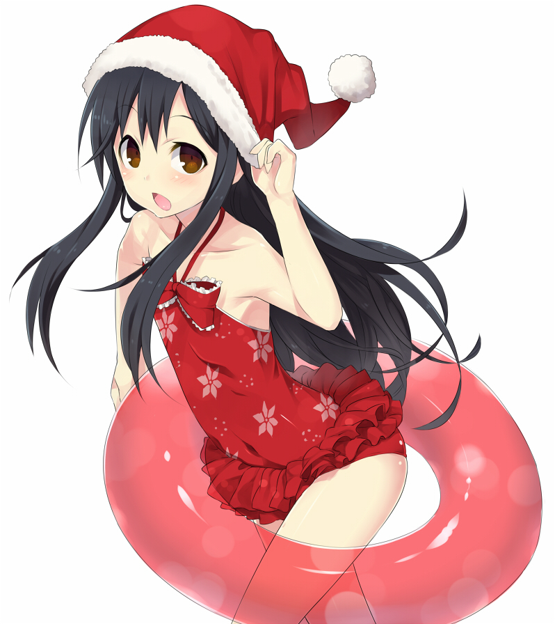 1girl bare_shoulders black_hair blush brown_eyes casual_one-piece_swimsuit chestnut_mouth covered_navel dungeons_&amp;_princess floral_print frilled_swimsuit frills hat innertube long_hair one-piece_swimsuit open_mouth print_swimsuit red_swimsuit santa_hat solo standing swimsuit torimaru