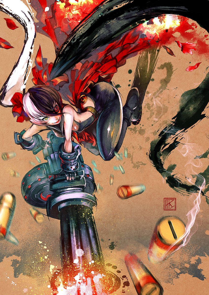 1girl black_hair blade_&amp;_soul blurry casing_ejection depth_of_field eyepatch firing gatling_gun gloves green_eyes gun highres long_hair multicolored_hair muzzle_flash paparaya parted_lips pohwaran rapid-fire shell_casing signature smile smoke solo twintails two-tone_hair very_long_hair weapon white_hair