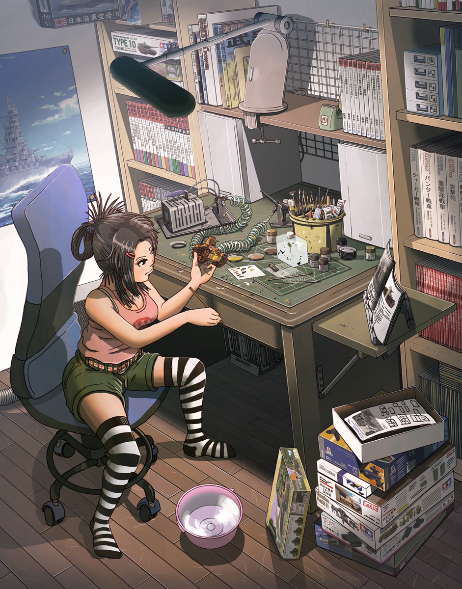 1girl airbrush bandai book book_stack bookshelf breasts cleavage earasensha folded_ponytail gas_compressor highres military military_vehicle original otaku_room paintbrush plamo shorts solo striped striped_legwear tamiya_incorporated tank type_95_ha-gou vehicle