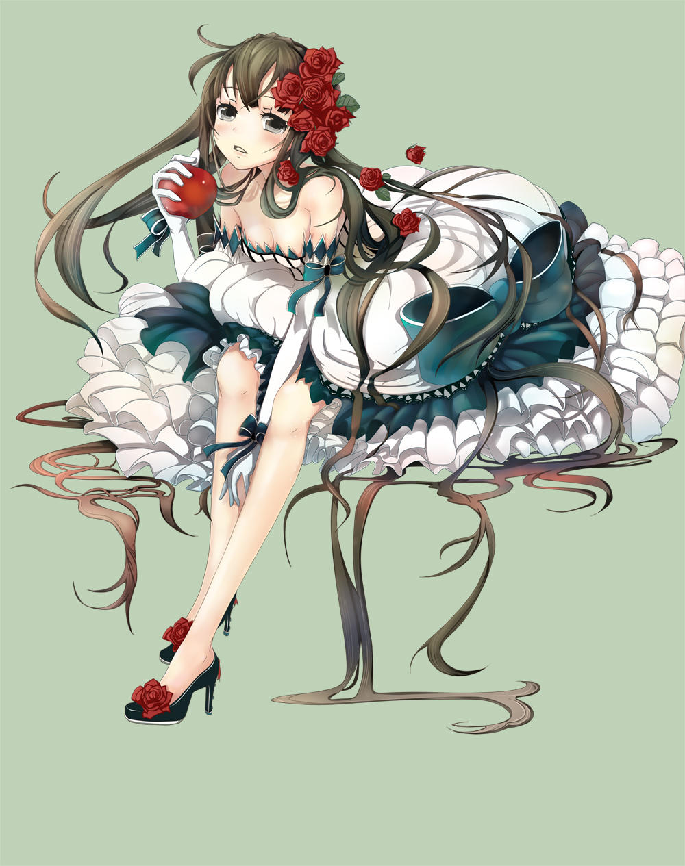 1girl apple bent_over breasts brown_eyes brown_hair cleavage elbow_gloves flower flower_on_head food frilled_skirt frills fruit gloves hair_ornament highres holding leaning_forward long_hair looking_at_viewer no_socks original rose simple_background sitting skirt solo soramu tagme very_long_hair white_gloves