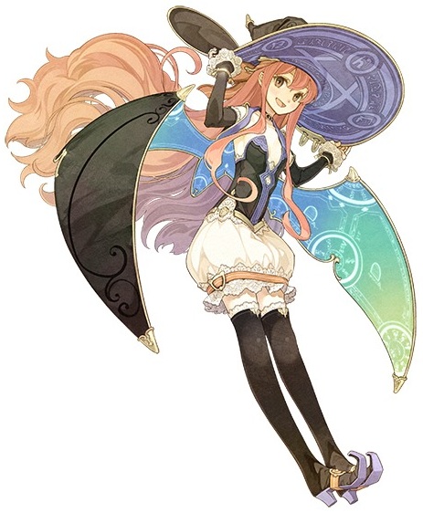 1girl arm_warmers atelier_(series) atelier_shallie black_legwear boots brown_eyes bubble_skirt cape hat hidari_(left_side) long_hair official_art pink_hair skirt smile solo thigh-highs thigh_boots white_background white_skirt wilbell_voll=erslied wings witch_hat