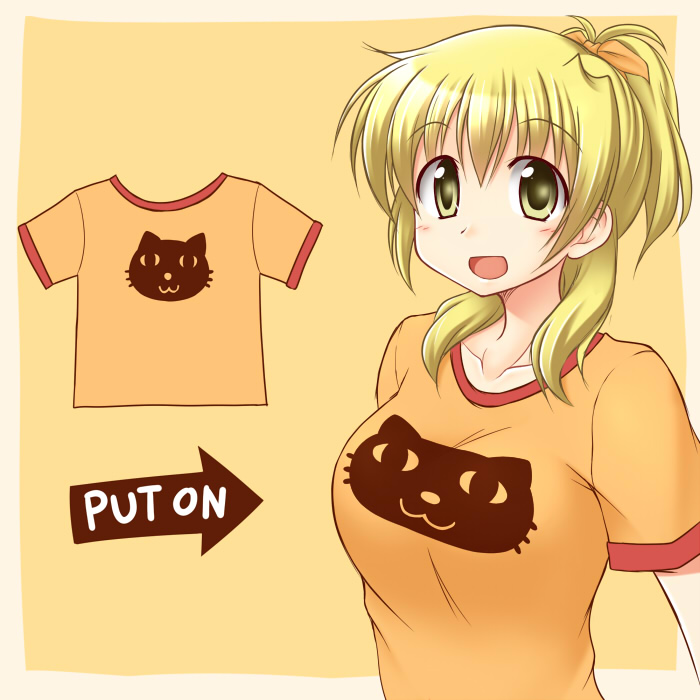1girl :d blonde_hair blush breasts cat_print directional_arrow hidamari_sketch looking_at_viewer miyako open_mouth simple_background smile solo t-shirt utomo yellow_eyes