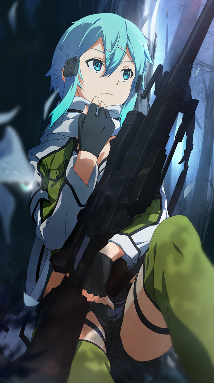 1girl blue_eyes blue_hair fingerless_gloves gloves green_legwear gun hair_ornament hairclip highres m-ya official_style one_knee pgm_hecate_ii rifle scarf shinon_(sao) short_hair shorts sitting sniper_rifle solo sword_art_online thigh-highs thigh_strap weapon