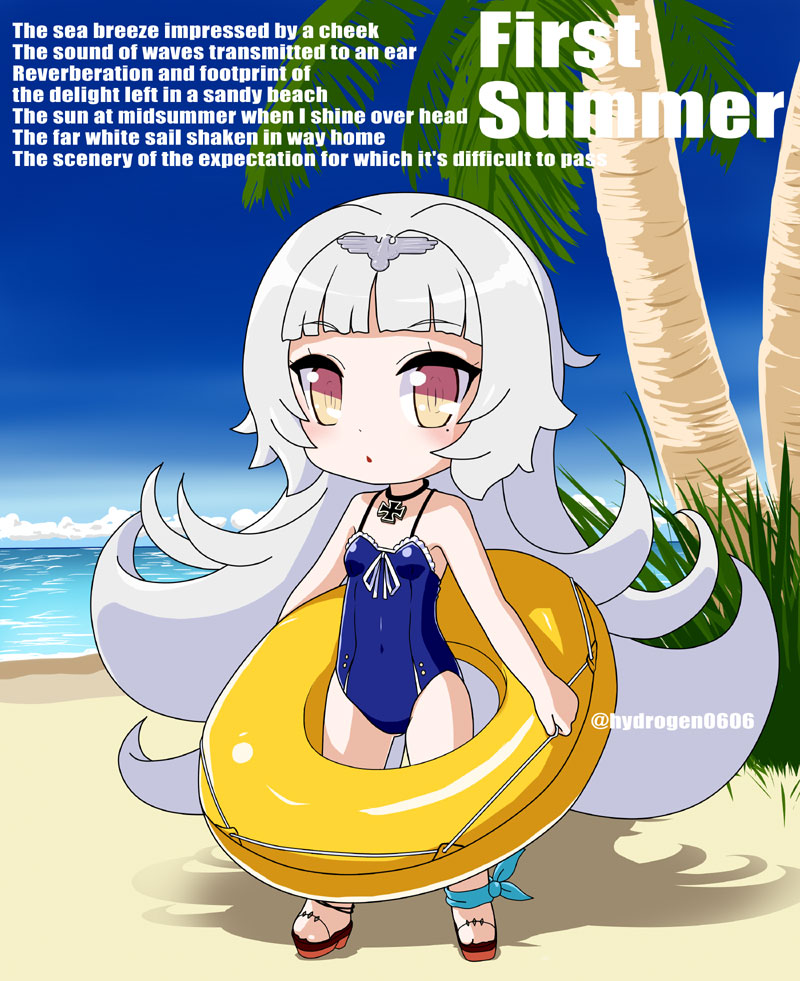 1girl azur_lane bare_arms bare_shoulders beach blue_sky blue_swimsuit blush breasts brown_eyes chibi clouds commentary_request day english headpiece holding holding_innertube horizon hydrock innertube iron_cross long_hair looking_at_viewer mole mole_under_eye ocean outdoors palm_tree parted_lips red_footwear sand sandals silver_hair sky small_breasts solo standing swimsuit tree twitter_username very_long_hair water yellow_innertube z46_(azur_lane)