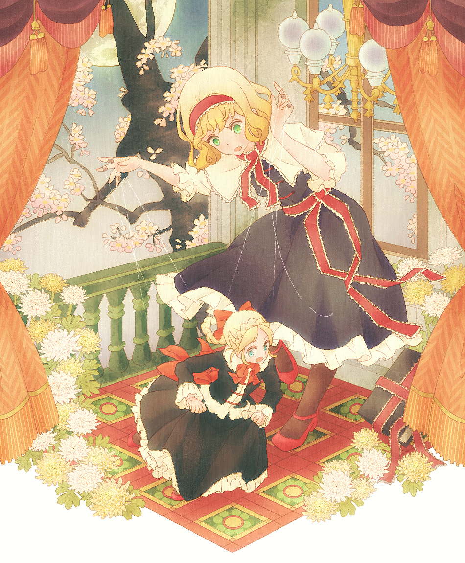 1girl alice_margatroid aqua_eyes blonde_hair book bow brown_hair capelet cherry_blossoms flower green_eyes grimoire hair_bow hairband ikkaku long_sleeves open_mouth puffy_short_sleeves puffy_sleeves puppet puppet_rings puppet_strings sash shanghai_doll short_sleeves touhou tree
