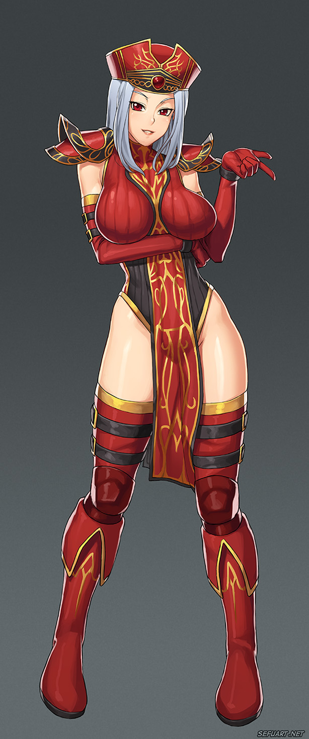 1girl armor boots breasts elbow_gloves full_body gloves grey_background highres knee_boots large_breasts pauldrons red_eyes red_gloves red_legwear sally_whitemane silver_hair smile solo speh surcoat thigh-highs warcraft world_of_warcraft