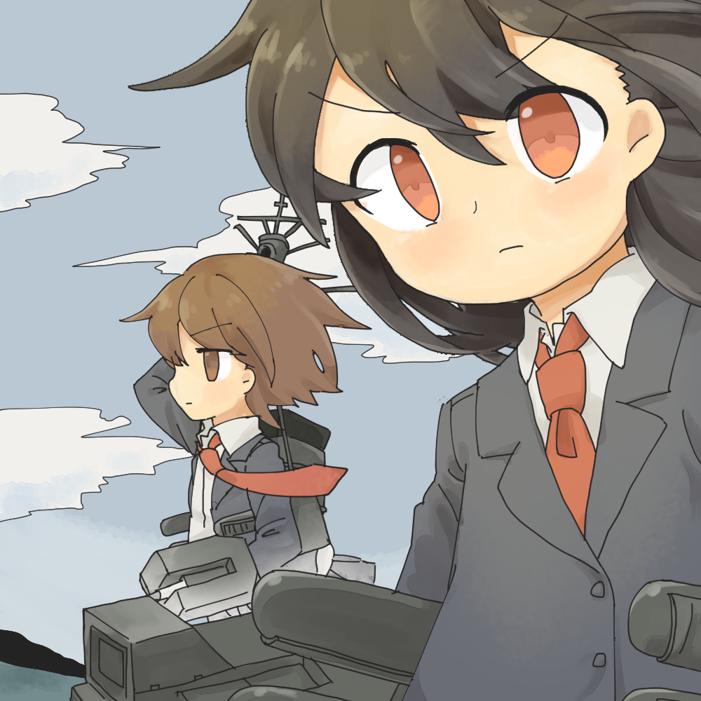 2girls arm_behind_head arms_up black_hair blazer blue_eyes blue_hair blue_sky buttons clouds collared_shirt hatsushimo_(kantai_collection) headgear kantai_collection long_hair long_sleeves machinery multiple_girls nanoji necktie red_eyes short_hair sky wakaba_(kantai_collection)