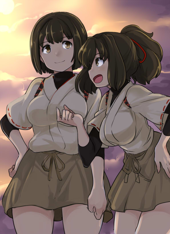 2girls blush breasts brown_eyes brown_hair hair_ornament hair_ribbon hand_on_hip hyuuga_(kantai_collection) ise_(kantai_collection) japanese_clothes kantai_collection looking_at_another multiple_girls omuraisu_echizen open_mouth ponytail ribbon short_hair skirt smile sunset