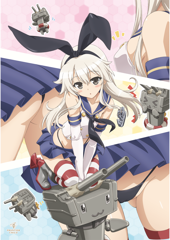 &gt;_&lt; 1girl :3 anchor_hair_ornament ass black_eyes blonde_hair circle_name elbow_gloves gloves hair_ribbon innertube kantai_collection long_hair looking_at_viewer machinery open_mouth panties propeller rensouhou-chan ribbon shimakaze_(kantai_collection) solo striped striped_legwear thigh-highs triangle_mouth turret underwear watanabe_yoshihiro