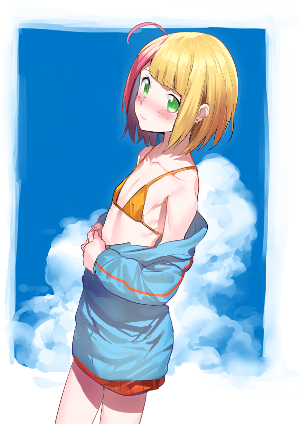 1boy ahoge androgynous bikini_top blonde_hair blush clouds earrings erubo green_eyes jewelry looking_at_viewer multicolored_hair original pink_hair sky solo swimsuit theodor_bachstein trap undressing
