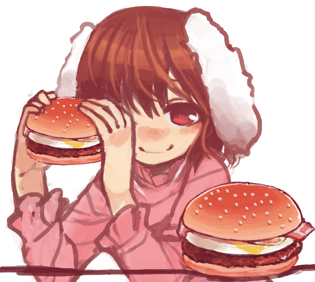 1girl animal_ears brown_hair bust food hamburger holding inaba_tewi long_sleeves looking_at_viewer rabbit_ears red_eyes short_hair smile solo touhou yunuki_uta