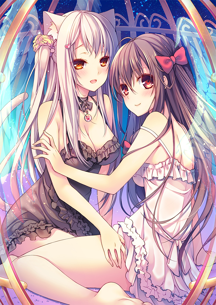 2girls :d animal_ears black_dress bow breasts brown_eyes brown_hair cat_ears cat_tail cleavage cocoa_(cafe-hotcocoa) dress feathered_wings hair_bow hair_ornament hair_ribbon looking_at_viewer multiple_girls open_mouth original ribbon see-through smile tail white_dress wings