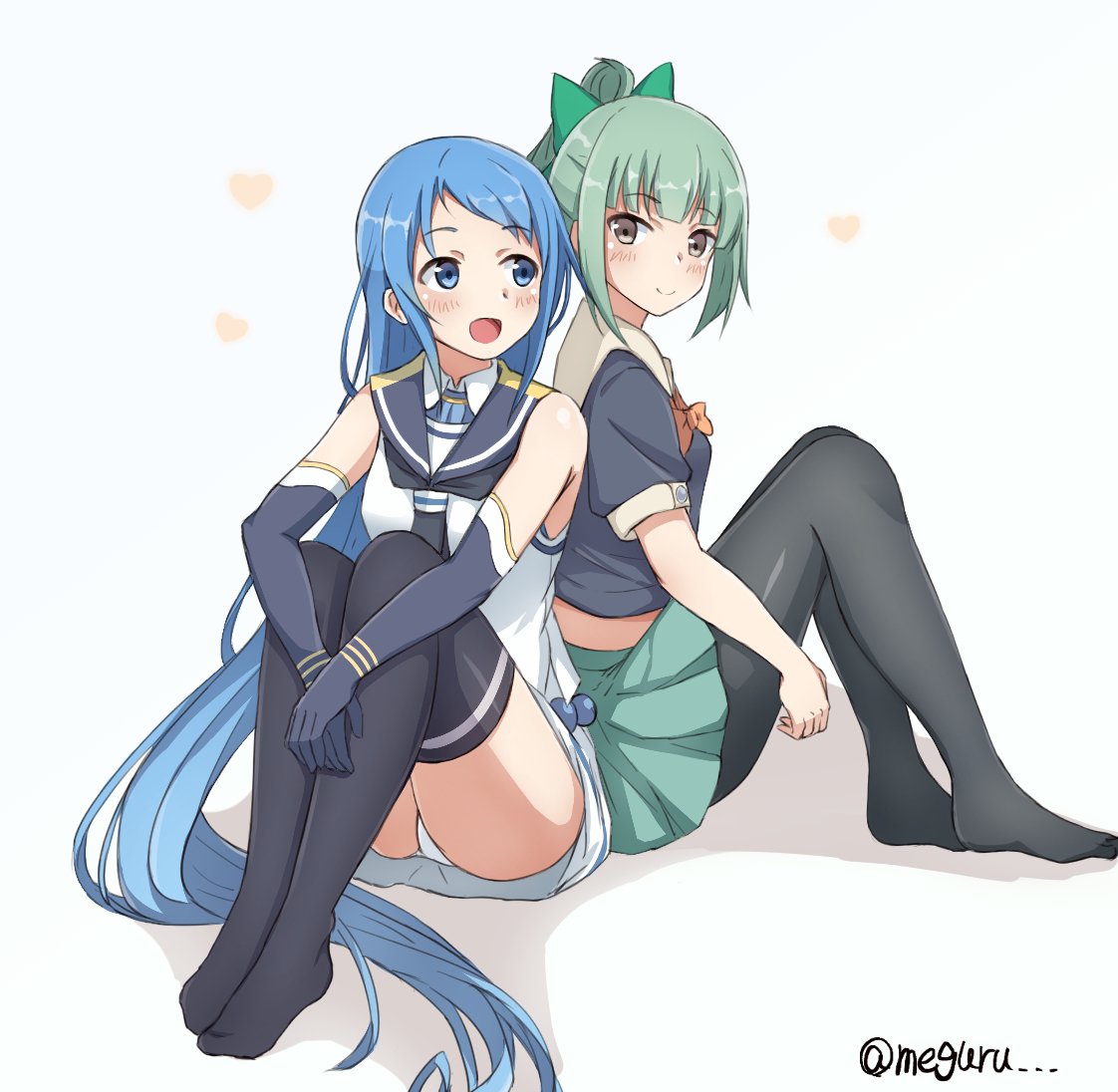 2girls black_legwear blue_eyes blue_hair blush bow brown_eyes dress elbow_gloves gloves green_hair green_skirt hair_bow heart kantai_collection long_hair looking_at_viewer meguru_(megurunn) miniskirt multiple_girls open_mouth panties pantyhose ponytail sailor_collar sailor_dress samidare_(kantai_collection) school_uniform serafuku simple_background sitting skirt underwear very_long_hair white_background white_panties yuubari_(kantai_collection)