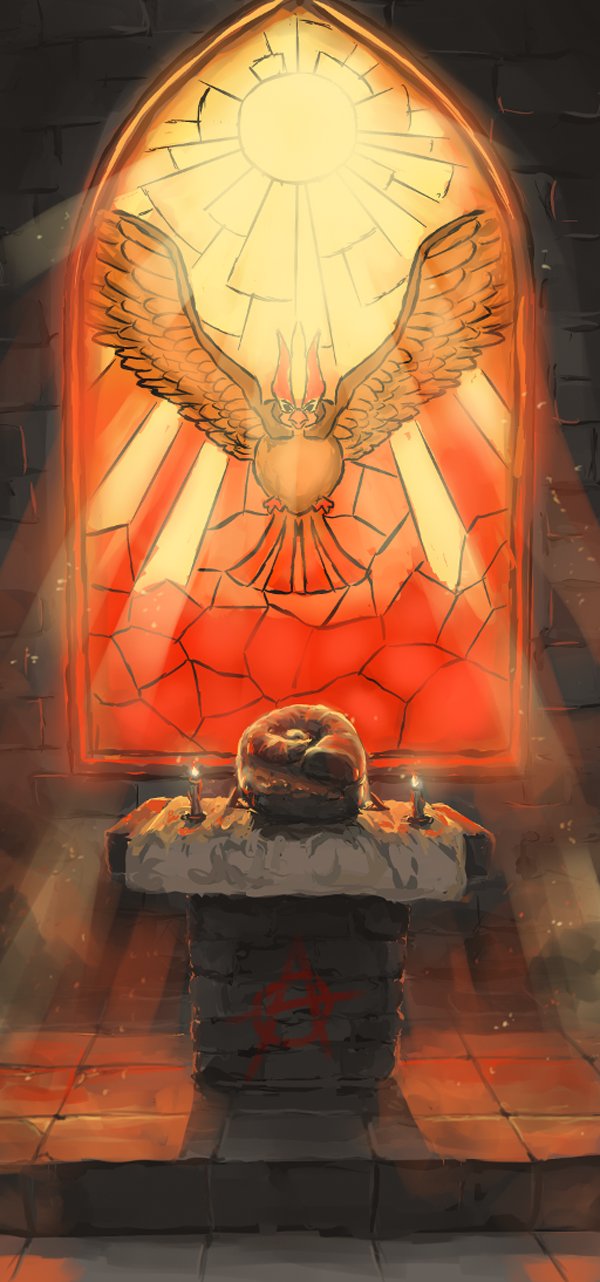 artist_request candle church helix_fossil highres no_humans pidgeot pokemon pokemon_(game) pokemon_rgby shadow source_request stained_glass sun sunlight symbol twitch_plays_pokemon