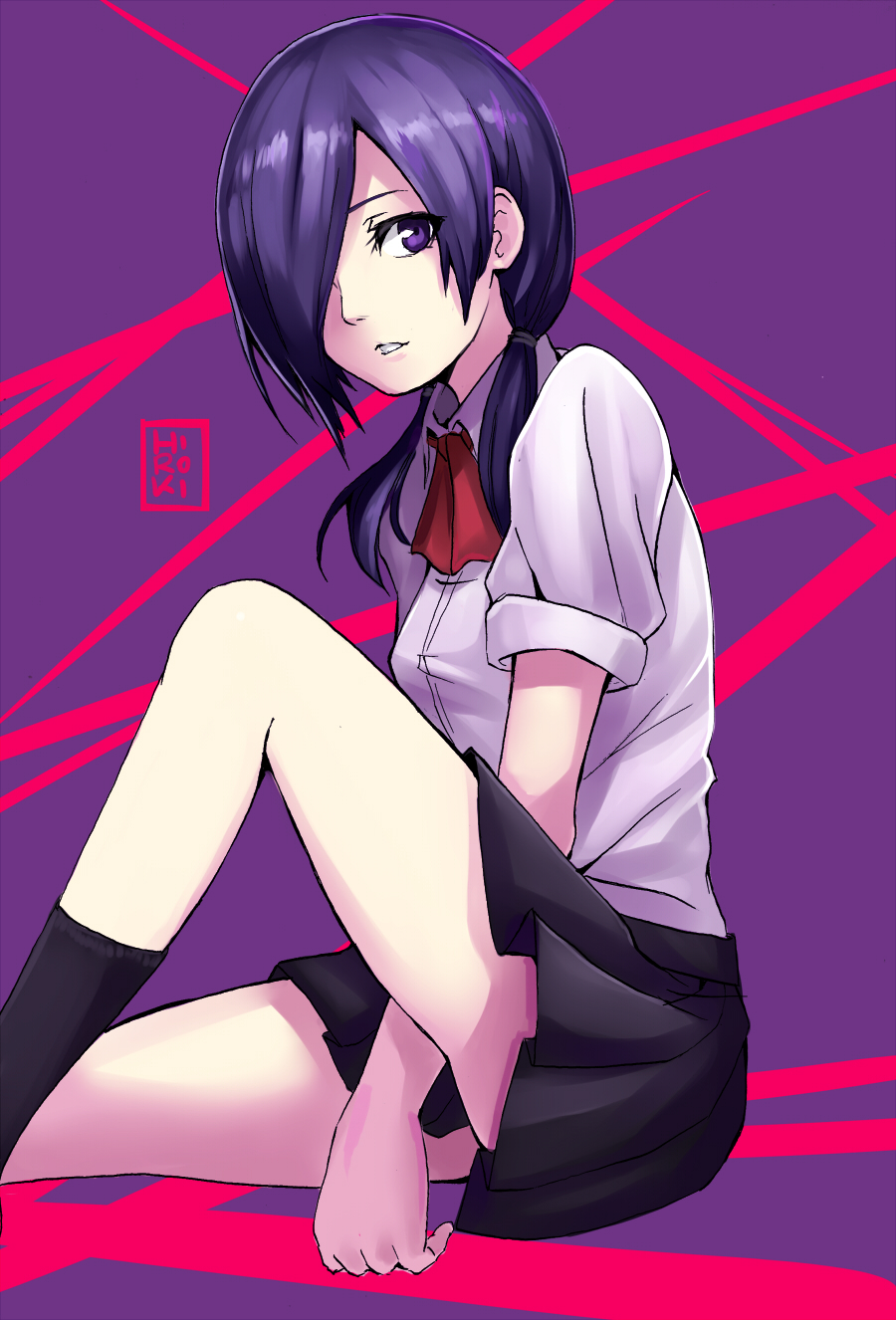 1girl alternate_hairstyle artist_name black_legwear black_skirt bow hair_over_one_eye highres hiroki_(hirokiart) kirishima_touka long_hair purple_hair school_uniform short_sleeves sitting skirt socks solo tokyo_ghoul violet_eyes