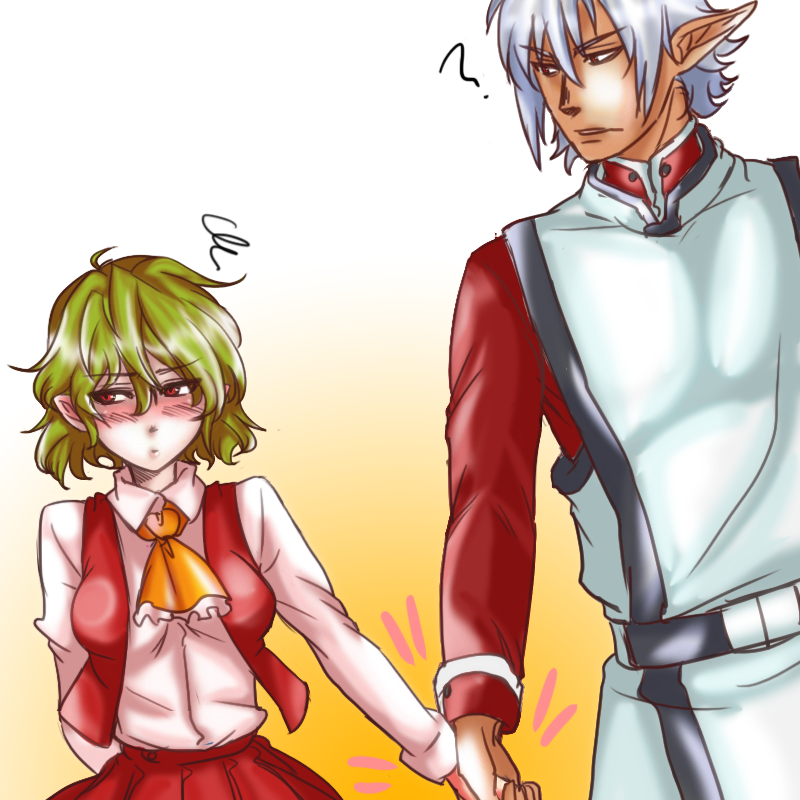 1boy 1girl blush buront crossover final_fantasy final_fantasy_xi green_hair holding_hands kazami_yuuka long_sleeves maruman pointy_ears red_eyes short_hair silver_hair the_iron_of_yin_and_yang touhou