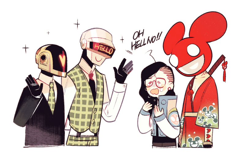 4boys =_= ahoge black_hair crying daft_punk deadmau5 english gauge glasses guy_manuel_de_homemchristo helmet japanese_clothes jotman long_hair male multiple_boys necktie skrillex sparkle tears thomas_bangalter vest waving