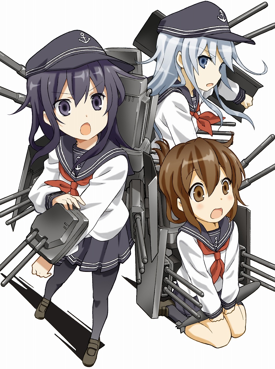 &gt;:o 3girls :o akatsuki_(kantai_collection) anchor_symbol aqua_eyes aqua_hair beluo77 black_legwear brown_eyes brown_hair folded_ponytail hat hibiki_(kantai_collection) highres inazuma_(kantai_collection) kantai_collection kneehighs long_hair long_sleeves machinery multiple_girls neckerchief open_mouth pantyhose pleated_skirt purple_hair sailor_collar school_uniform serafuku sitting skirt torpedo violet_eyes wariza white_background