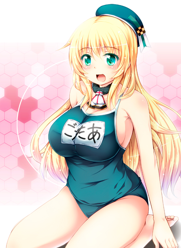 1girl atago_(kantai_collection) blonde_hair breasts competition_school_swimsuit green_eyes hat kantai_collection large_breasts long_hair name_tag one-piece_swimsuit open_mouth school_swimsuit seiza sideboob sitting smile solo swimsuit tekehiro very_long_hair