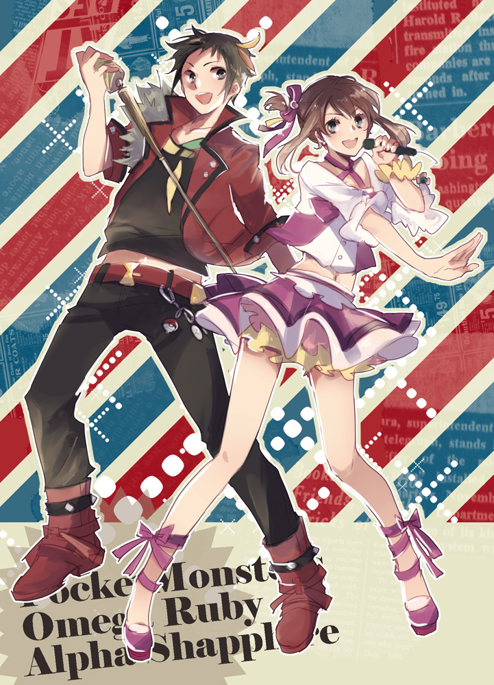 1boy 1girl alternate_costume blue_eyes boots bow brown_hair copyright_name full_body fur_trim hair_bow hair_ribbon haruka_(pokemon) haruka_(pokemon)_(remake) highlights idol jacket jikei looking_at_viewer microphone midriff multicolored_hair navel open_mouth pokemon pokemon_(game) pokemon_oras ribbon short_sleeves showgirl_skirt side_ponytail striped striped_background two_side_up yuuki_(pokemon) yuuki_(pokemon)_(remake)