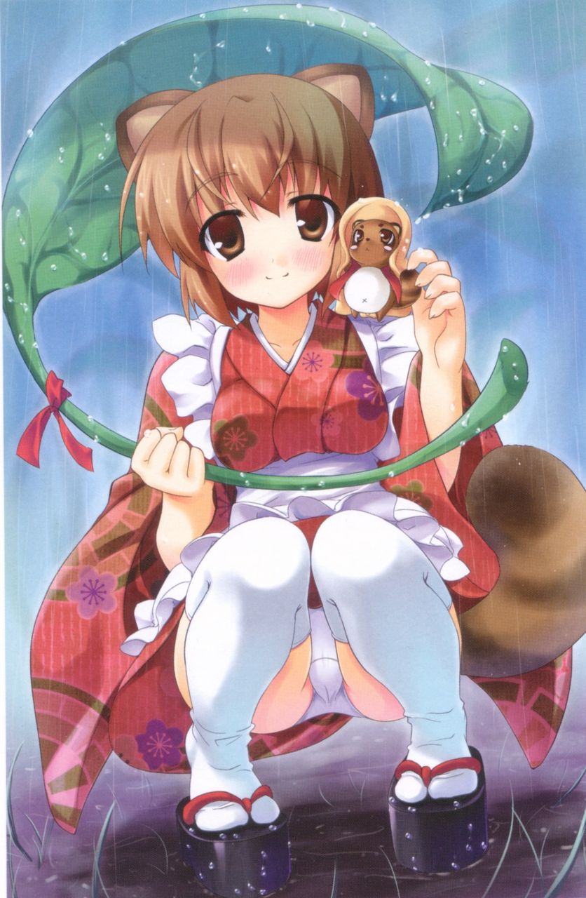 1girl animal_ears artist_request brown_eyes brown_hair character_request floral_print frills genjiguruma giant_leaf highres holding japanese_clothes leaf_umbrella long_sleeves outdoors panties rain sandals short_hair smile solo thigh-highs underwear white_background white_panties wide_sleeves